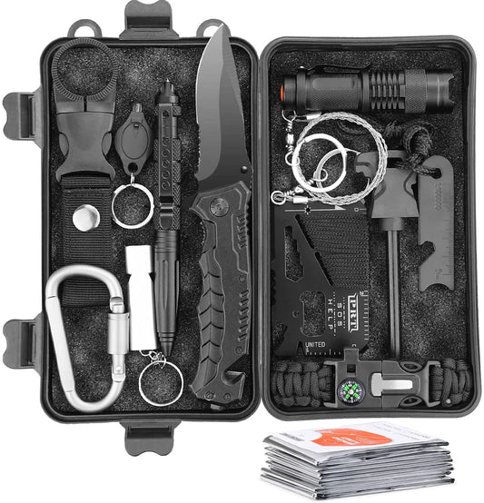 Kit de survie complet - outils de survie pour l'extérieur comprenant paracorde, lampe, sifflet, acier à feu