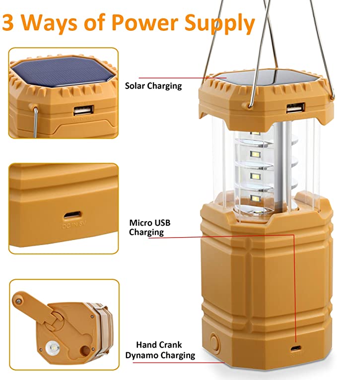 Solar Camping Hand Crank Lantern, Portable Ultra Bright LED Flashlight with Rechargeable Battery