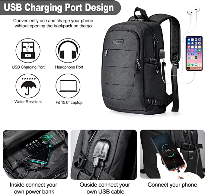 Sac à dos pour ordinateur portable homme résistant à l'eau antivol école Uni sac à dos avec port de charge USB et serrure 14/15,6 pouces sac pour ordinateur portable pour femmes garçons loisirs travail voyage sac à dos noir