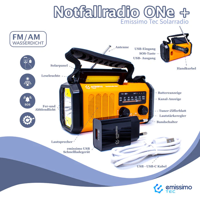 ReadyCharge Radio : Un kit radio d'urgence 5 en 1 qui fonctionne sur manivelle, panneau solaire et électricité. Comprend également une banque d'alimentation de 10 000 mAh, une lampe de poche et une boussole.