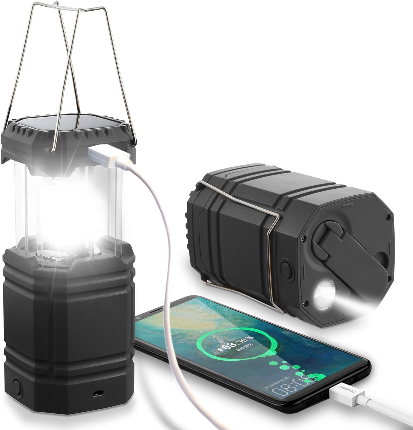 Lampe 3 en 1 - lampe de secours - lampe solaire/LED - 80 lumens - lanterne de camping - source d'alimentation de secours - lampe avec fonction de banque d'alimentation - alimentation de secours - chargeur de secours