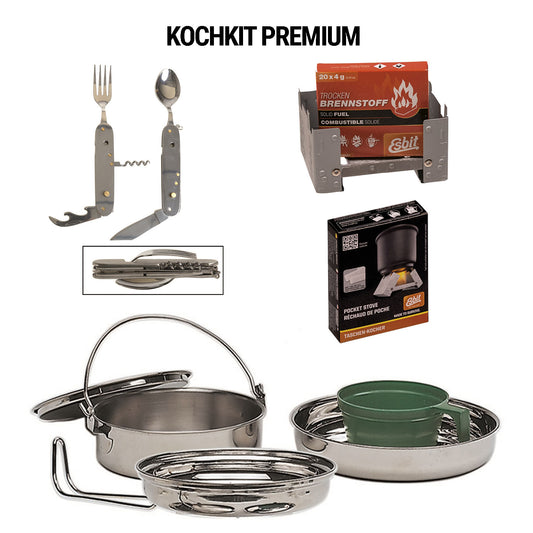 Kit de cuisine - Kit de démarrage de camping Nourriture avec vaisselle, réchaud pliant avec combustible, couteau avec couverts