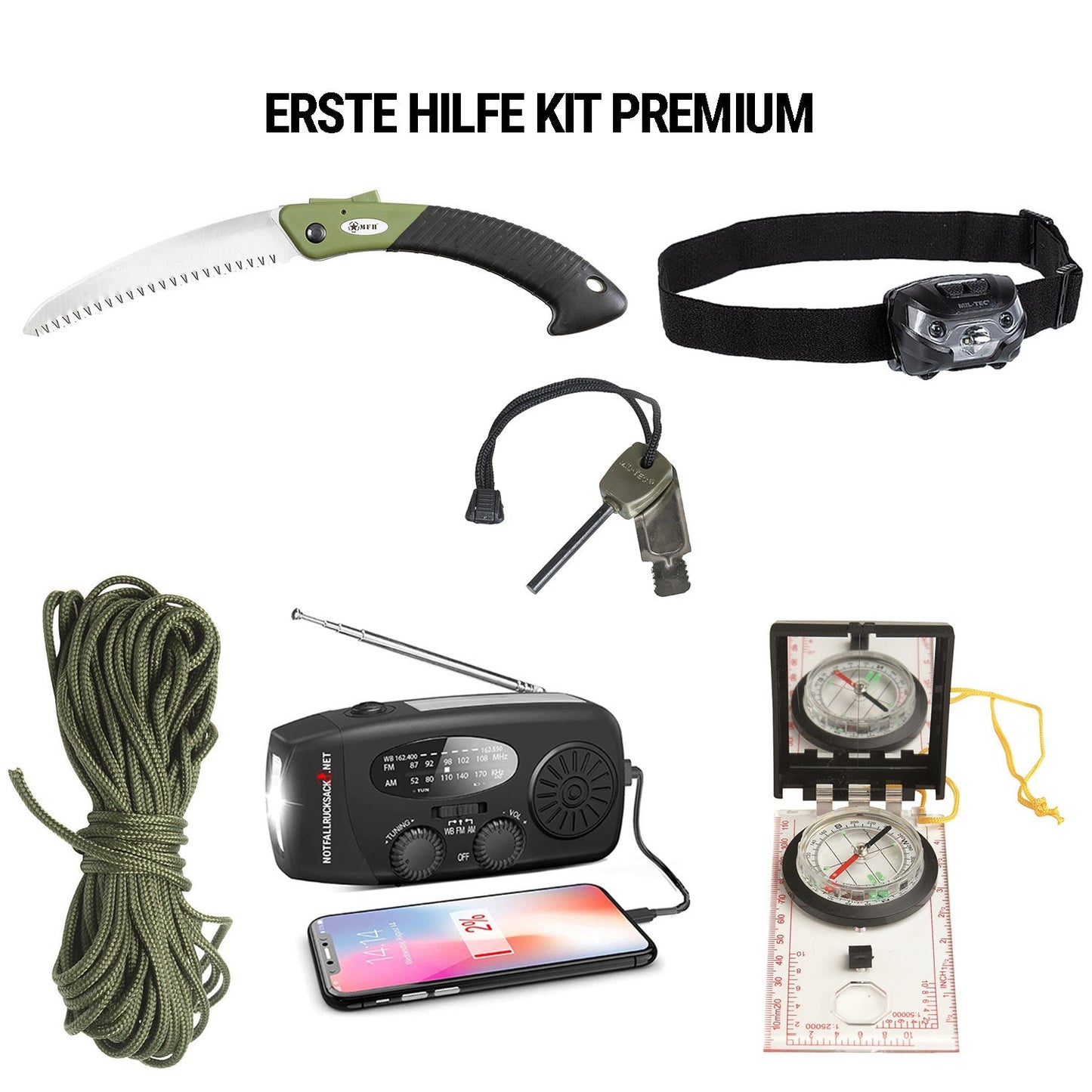 Emergency Backpack Premium Extended (double ration alimentaire) - Kit de survie complet avec radio solaire