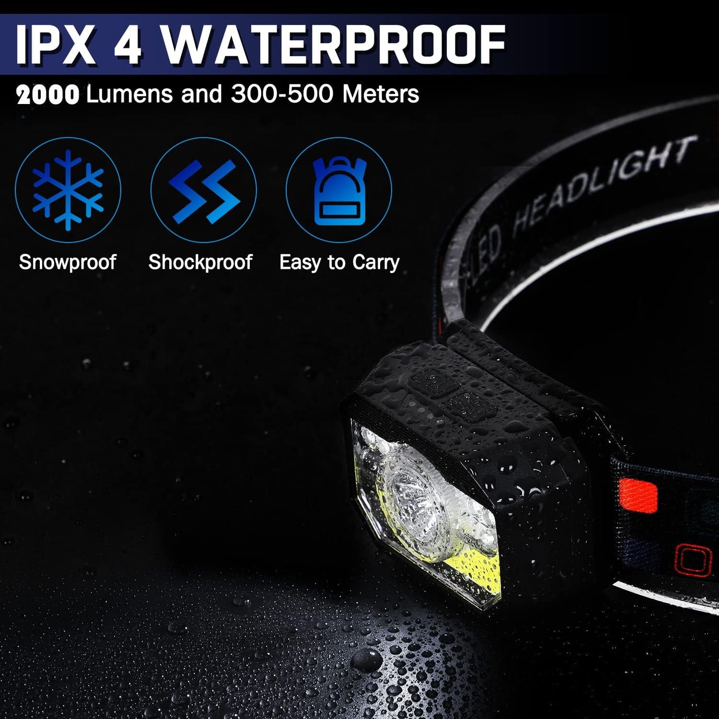 Lampe frontale LED rechargeable pack de 2, 2000 lumens avec 11 modes et capteur, étanche IPX4