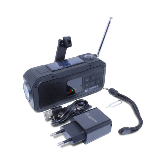 Radio d'urgence tout-en-un Fono Two avec manivelle, énergie solaire, batterie externe, lampe de poche et connexion USB-C