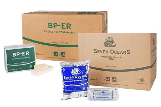Nourriture d'urgence BP ER 24x500g avec eau d'urgence Seven Oceans
