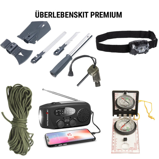 Kit de survie Premium - Hache, Scie, Pelle, Radio à manivelle, Lampe frontale, Boussole, Firesteel, Paracord