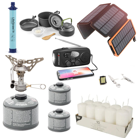 Power failure package Premium Blackout kit - with gas cooker, cooking set, cutlery, solar power bank, water filter, candles and much more